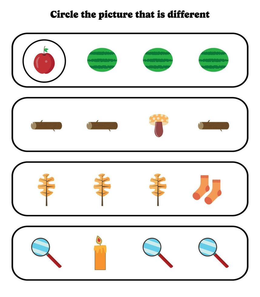 circulo el diferente fotografía. educativo juego para niños. cerebro rompecabezas para preescolar, jardín de infancia y elemental estudiantes. vector