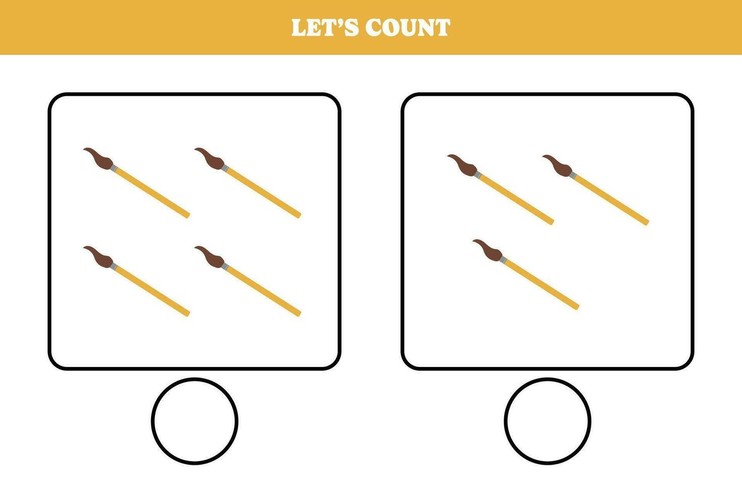 Counting game with paintbrush. Educational worksheet design for preschool, kindergarten students. Learning mathematics. Brain teaser fun activity for kids. vector