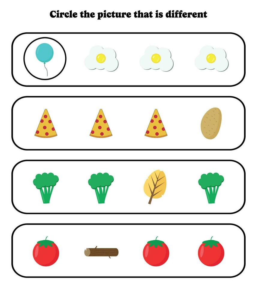 Circle the different picture. Educational game for kids. Brain teaser for preschool, kindergarten and elementary students. vector