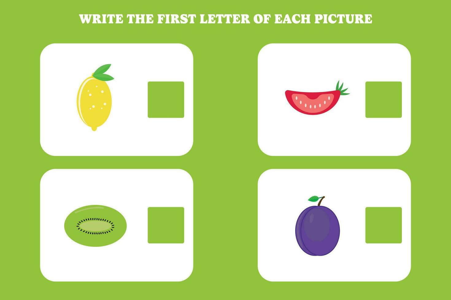 Write the first letter of each picture. Educational game for preschool, kindergarten or elementary kids. vector
