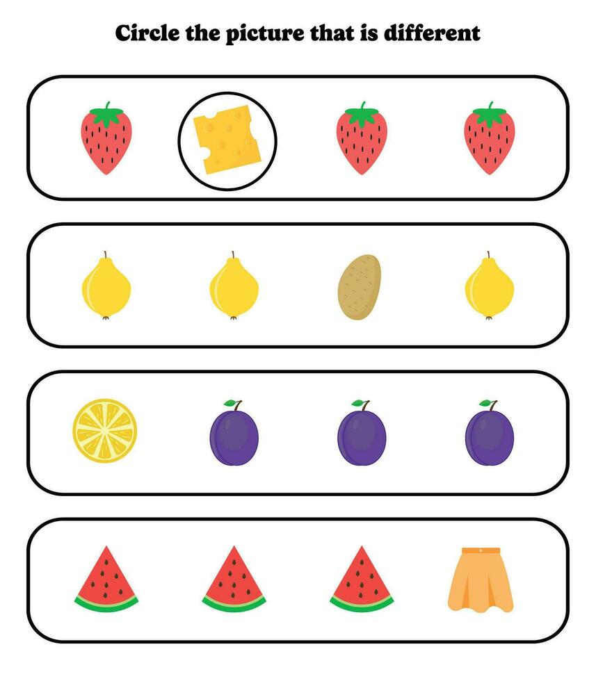 circulo el diferente fotografía. educativo juego para niños. cerebro rompecabezas para preescolar, jardín de infancia y elemental estudiantes. vector