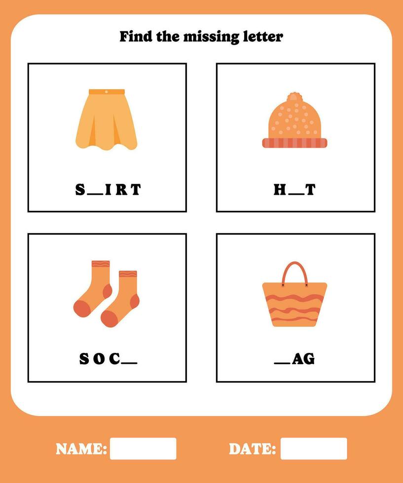 Fill in the blanks. Educational spelling game for preschool, kindergarten or elementary kids. vector