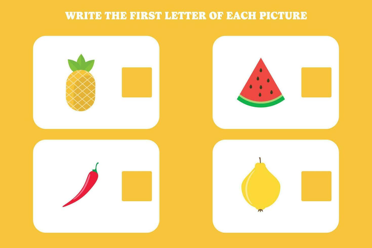 Write the first letter of each picture. Educational game for preschool, kindergarten or elementary kids. vector