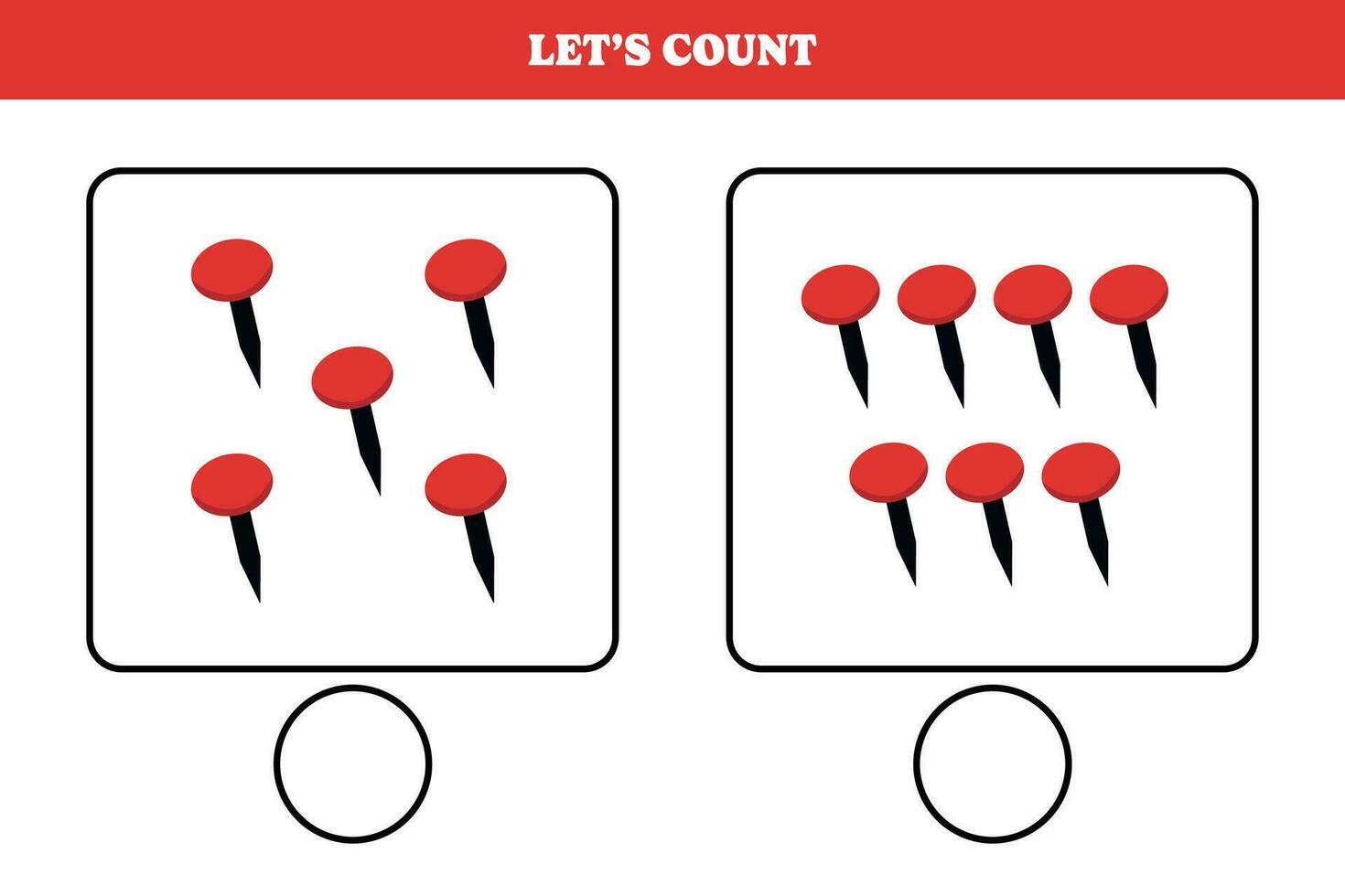 Counting game with thumbtack. Educational worksheet design for preschool, kindergarten students. Learning mathematics. Brain teaser fun activity for kids. vector