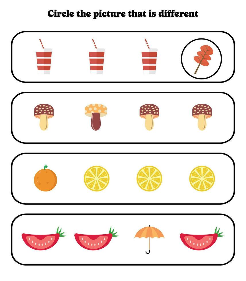 Circle the different picture. Educational game for kids. Brain teaser for preschool, kindergarten and elementary students. vector