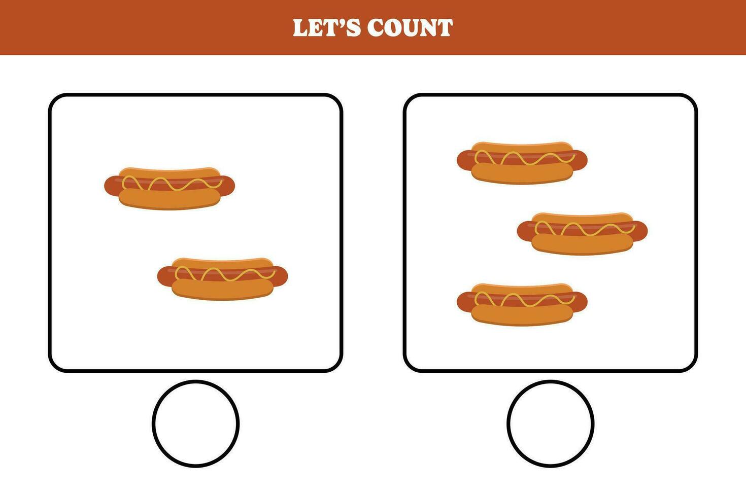 Counting game with hot dog. Educational worksheet design for preschool, kindergarten students. Learning mathematics. Brain teaser fun activity for kids. vector