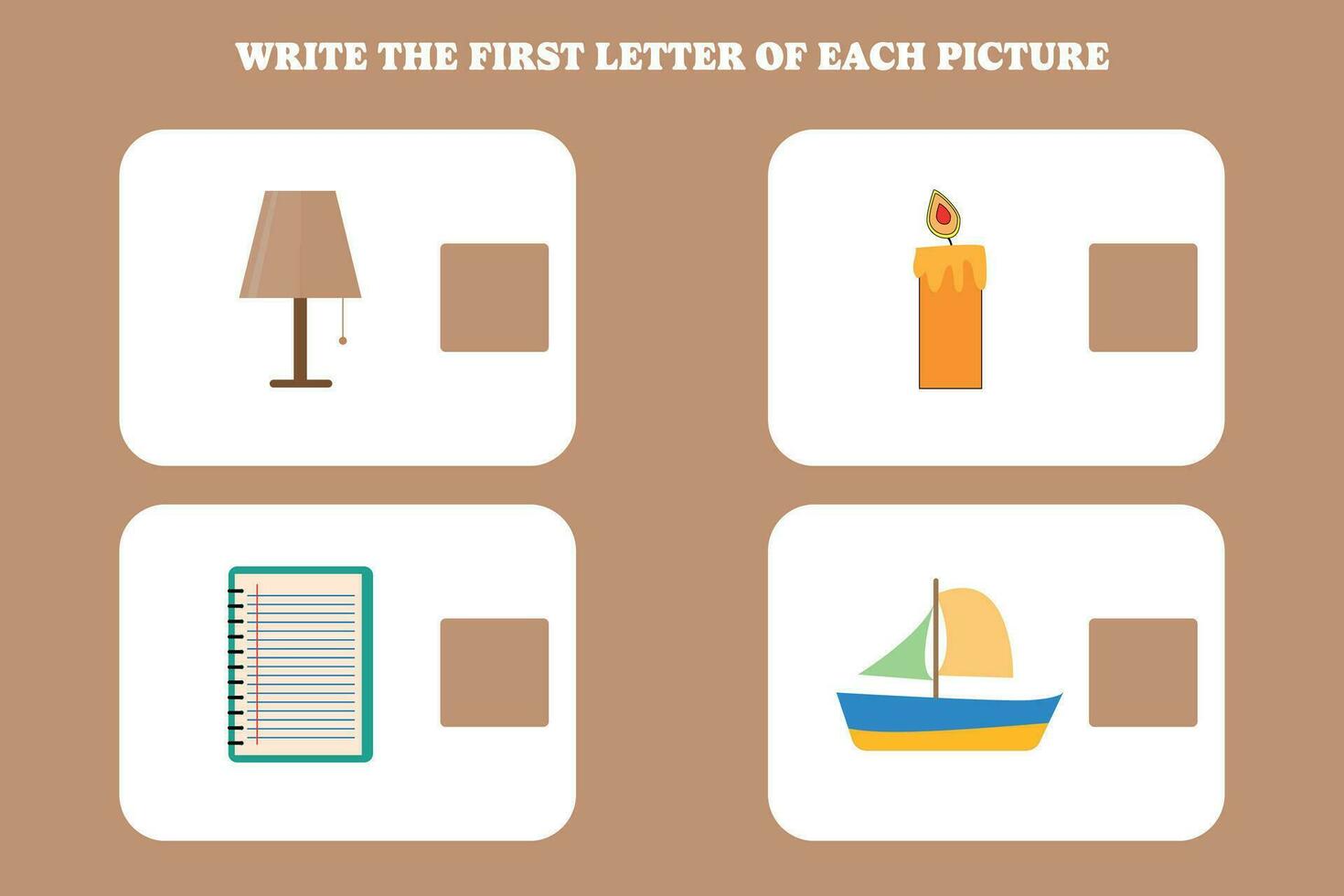 Write the first letter of each picture. Educational game for preschool, kindergarten or elementary kids. vector