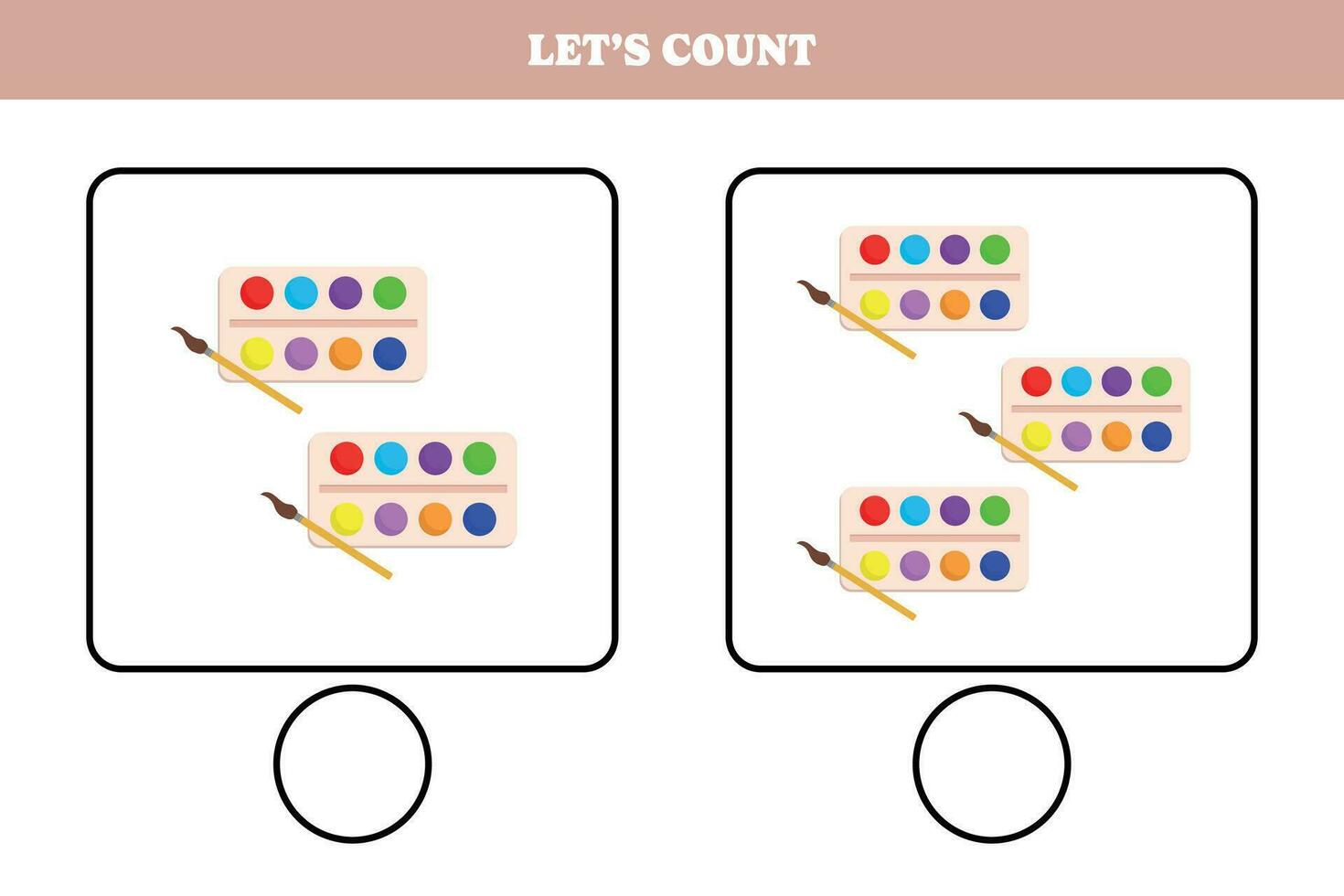 Counting game with watercolor. Educational worksheet design for preschool, kindergarten students. Learning mathematics. Brain teaser fun activity for kids. vector