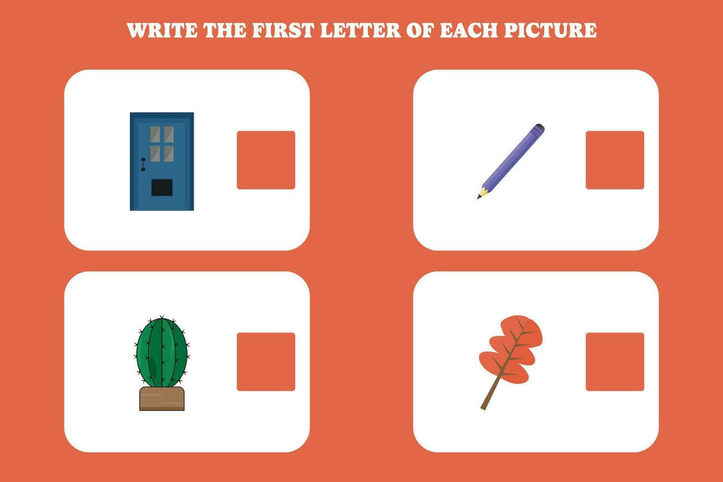 Write the first letter of each picture. Educational game for preschool, kindergarten or elementary kids. vector