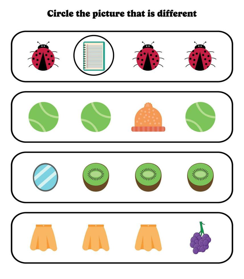 Circle the different picture. Educational game for kids. Brain teaser for preschool, kindergarten and elementary students. vector