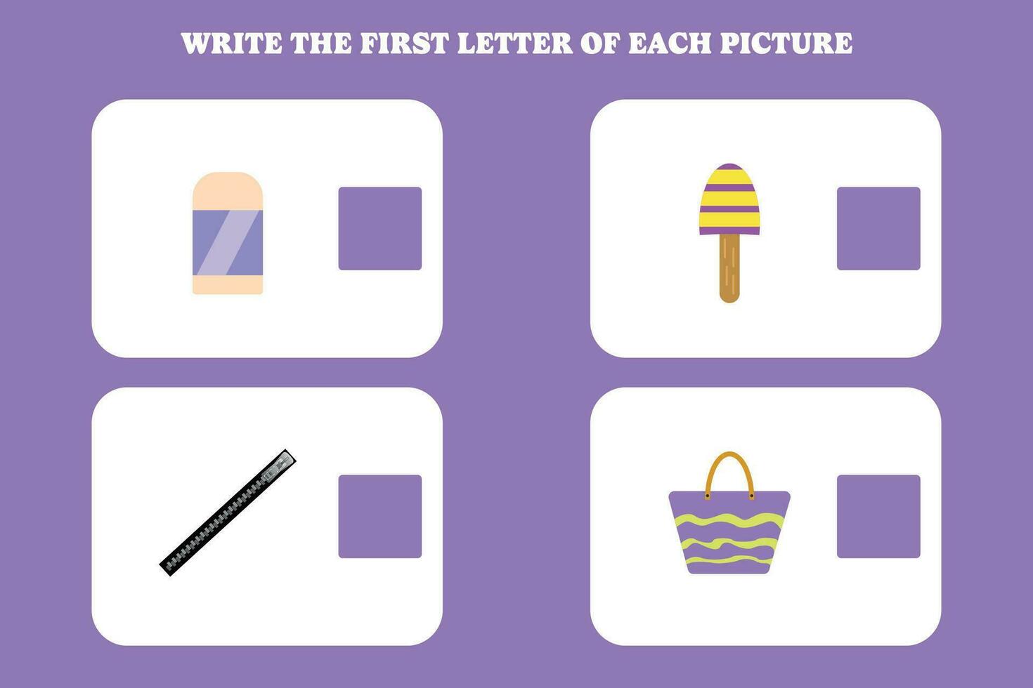 Write the first letter of each picture. Educational game for preschool, kindergarten or elementary kids. vector
