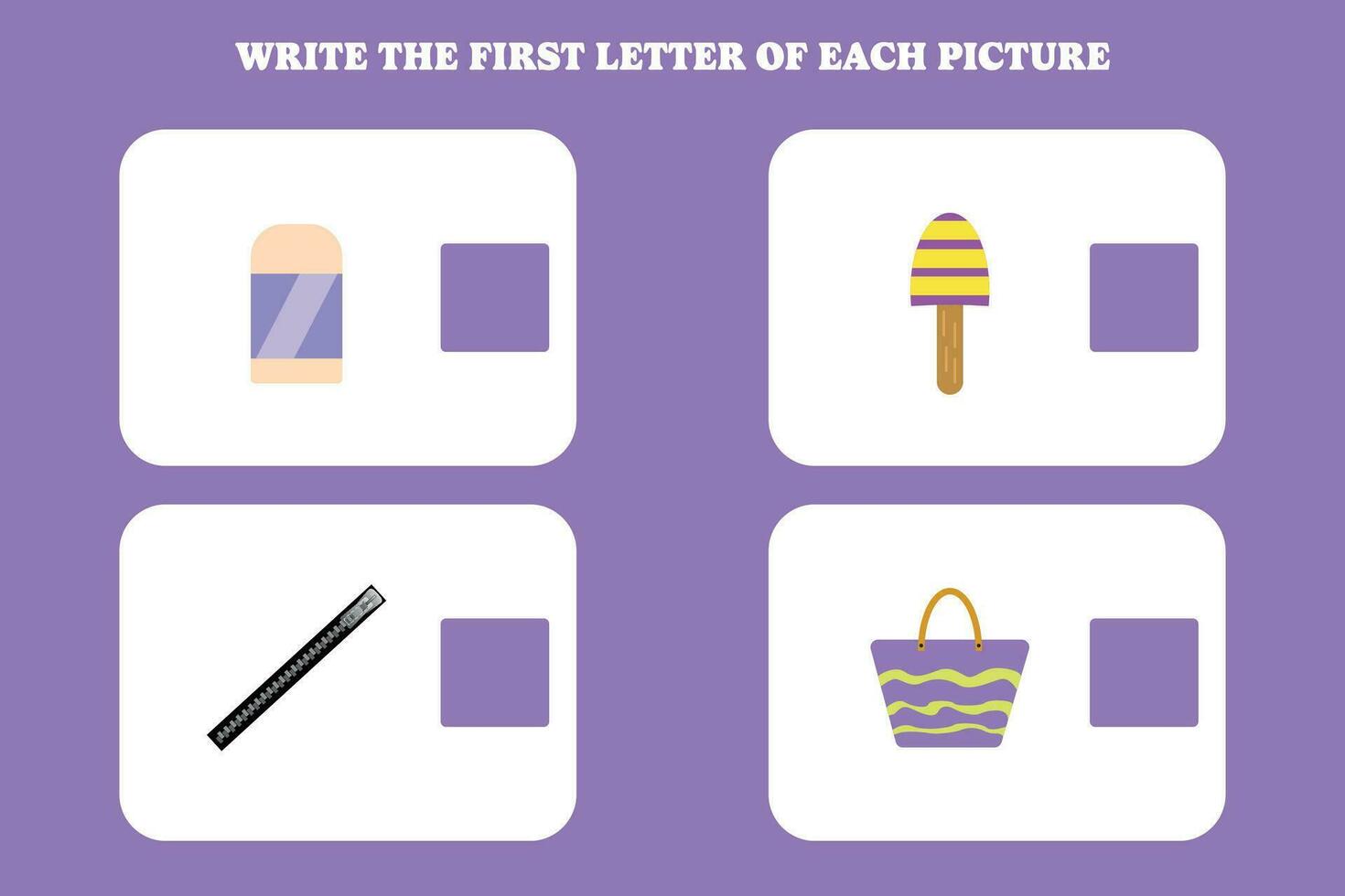 Write the first letter of each picture. Educational game for preschool, kindergarten or elementary kids. vector