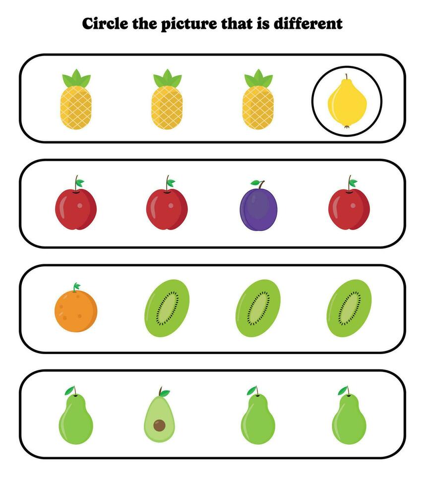 circulo el diferente fotografía. educativo juego para niños. cerebro rompecabezas para preescolar, jardín de infancia y elemental estudiantes. vector