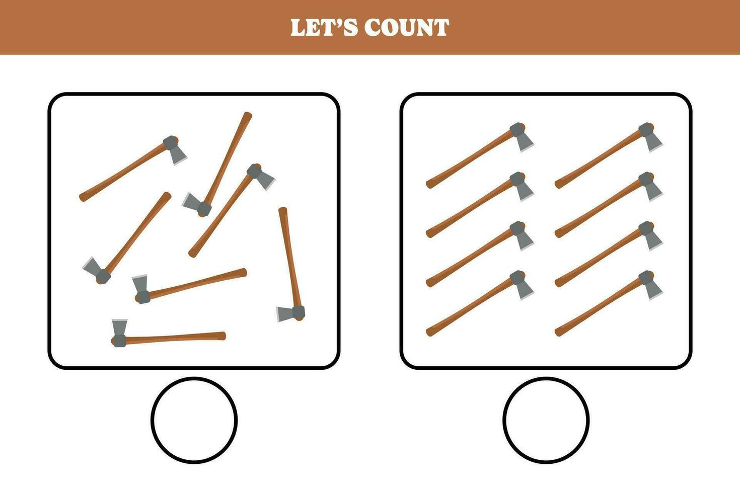 Counting game with axe. Educational worksheet design for preschool, kindergarten students. Learning mathematics. Brain teaser fun activity for kids. vector