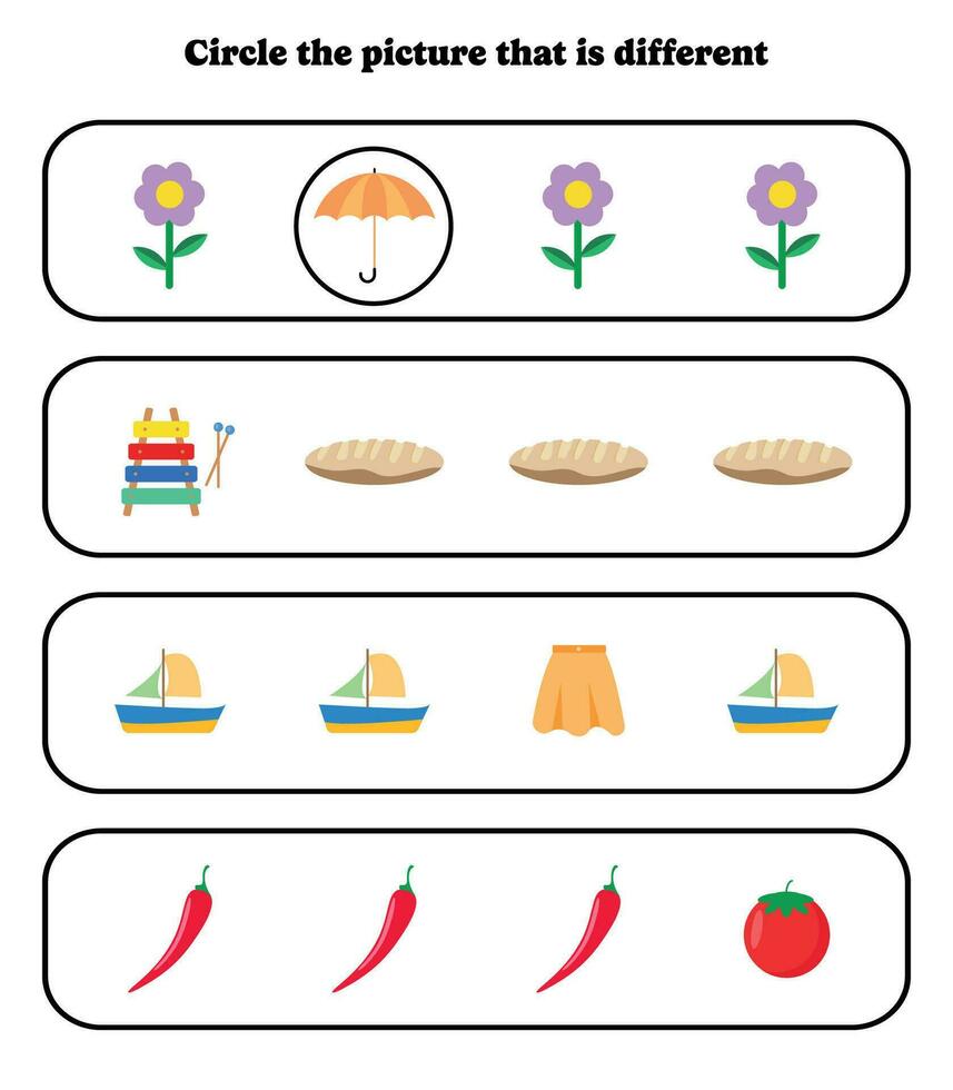 Circle the different picture. Educational game for kids. Brain teaser for preschool, kindergarten and elementary students. vector