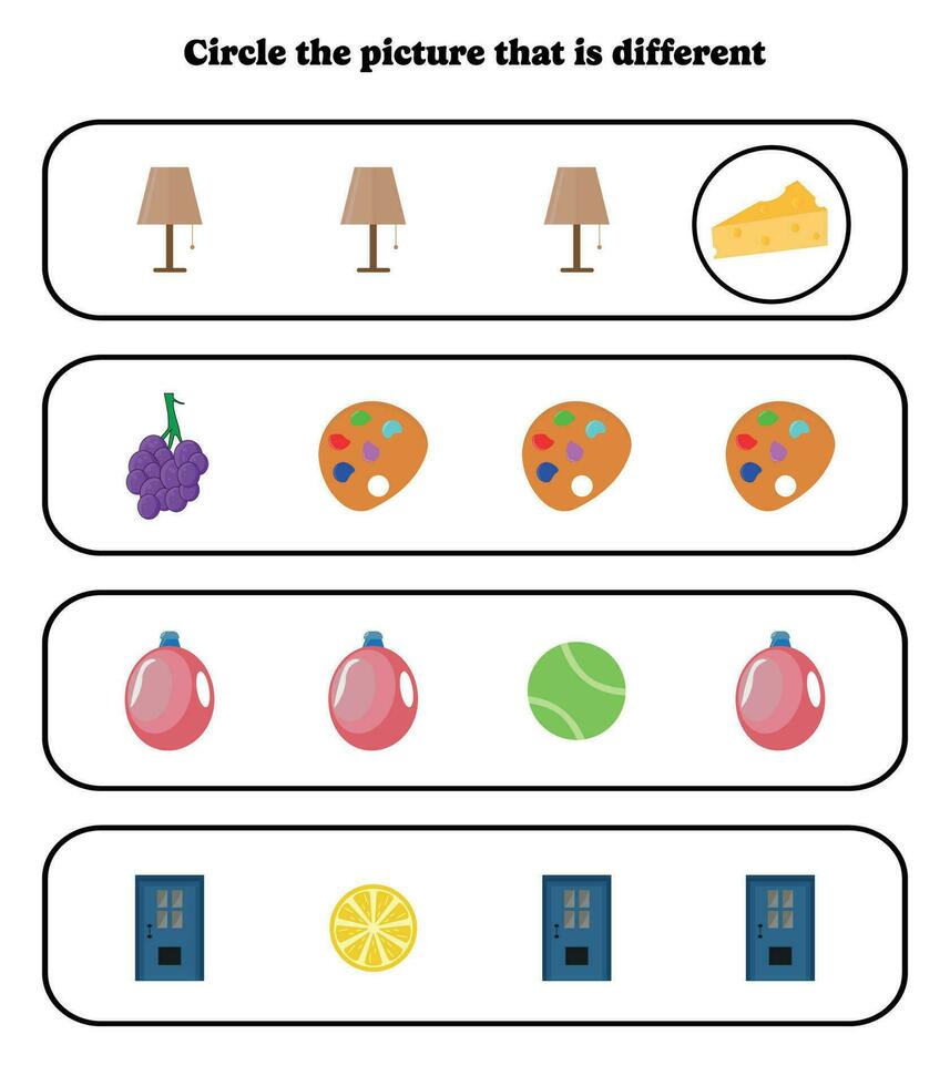 Circle the different picture. Educational game for kids. Brain teaser for preschool, kindergarten and elementary students. vector