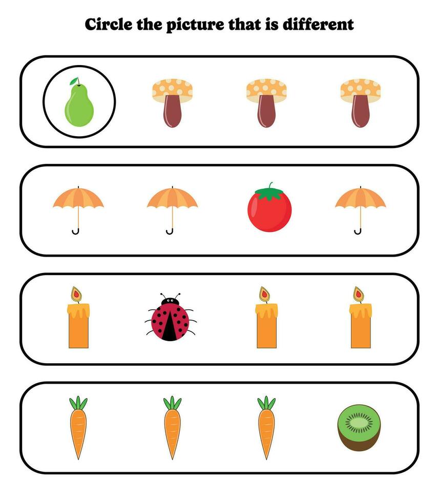 Circle the different picture. Educational game for kids. Brain teaser for preschool, kindergarten and elementary students. vector