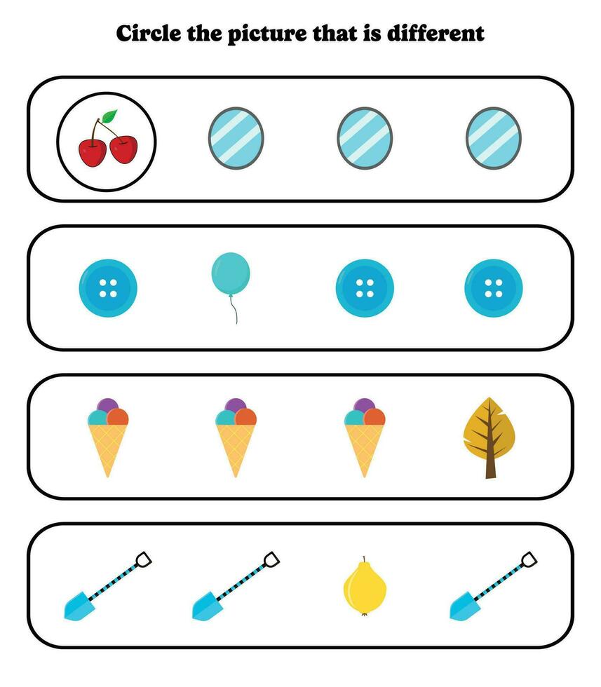 circulo el diferente fotografía. educativo juego para niños. cerebro rompecabezas para preescolar, jardín de infancia y elemental estudiantes. vector