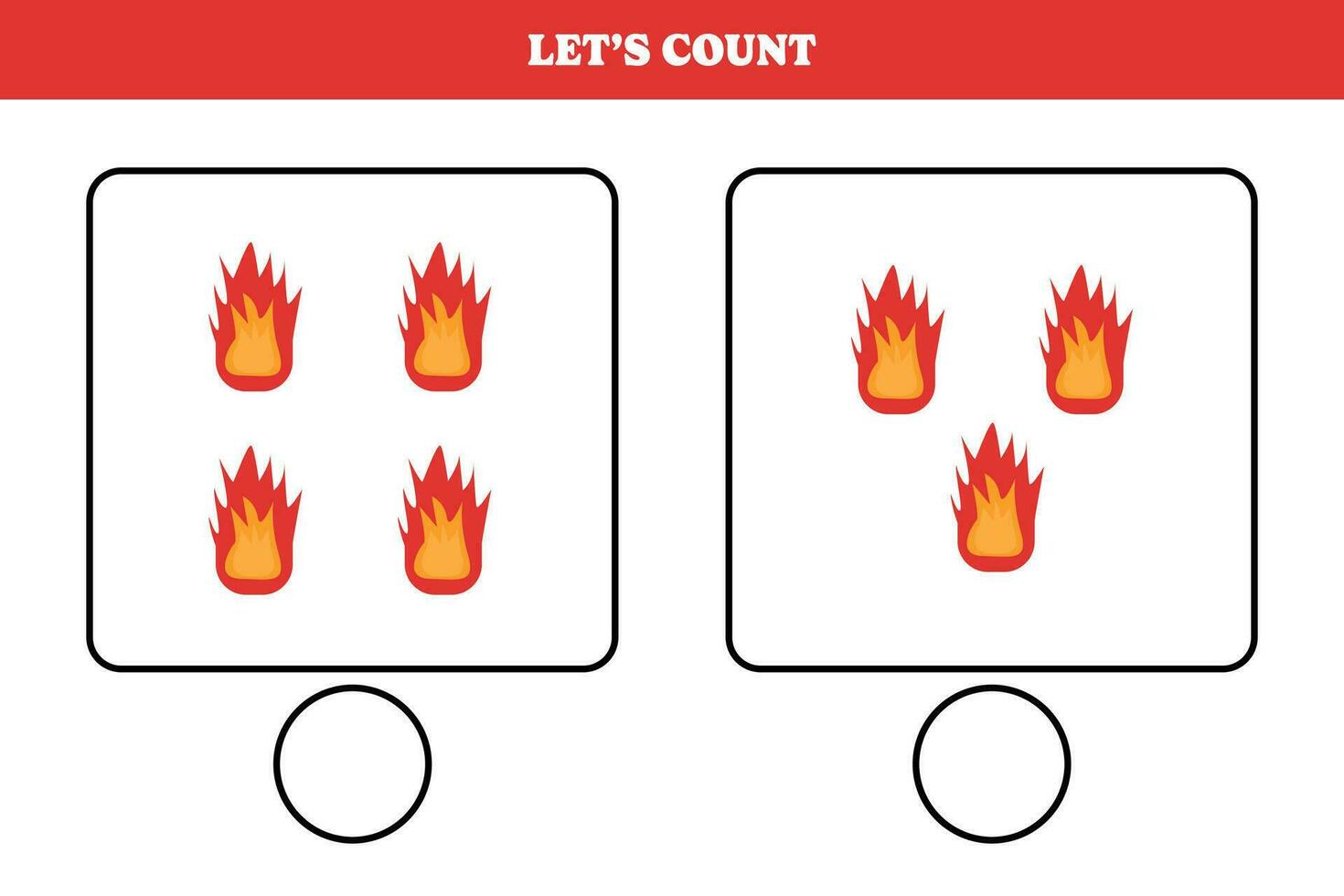 Counting game with flame. Educational worksheet design for preschool, kindergarten students. Learning mathematics. Brain teaser fun activity for kids. vector