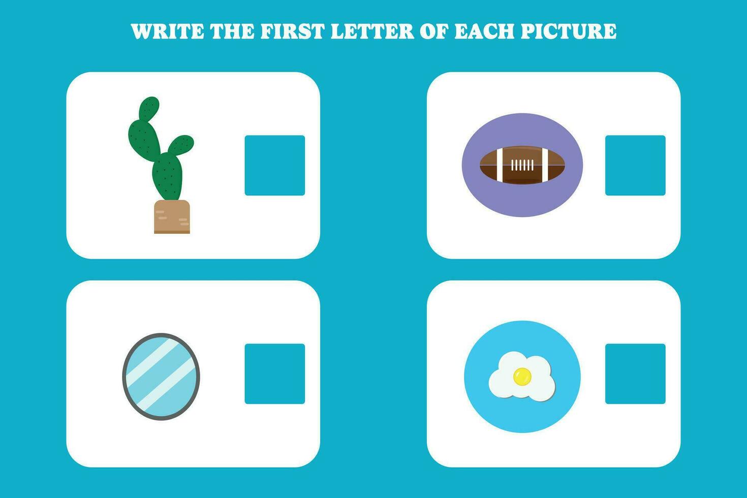 Write the first letter of each picture. Educational game for preschool, kindergarten or elementary kids. vector