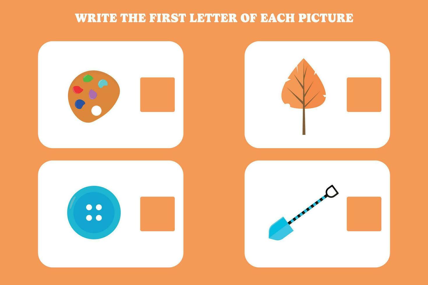 Write the first letter of each picture. Educational game for preschool, kindergarten or elementary kids. vector