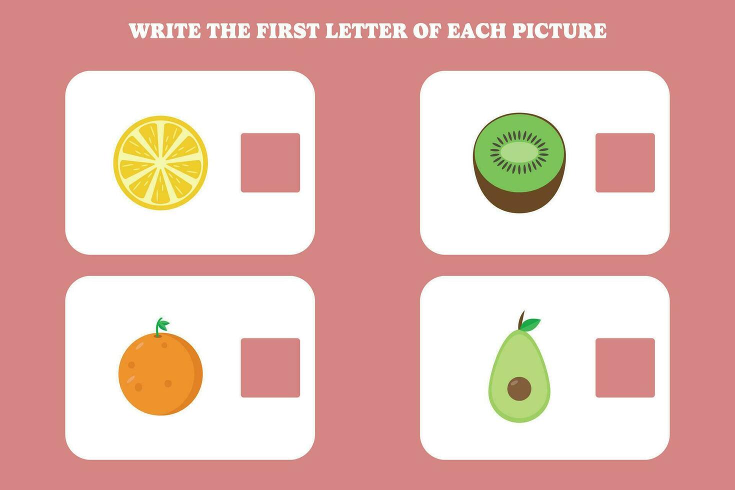 Write the first letter of each picture. Educational game for preschool, kindergarten or elementary kids. vector