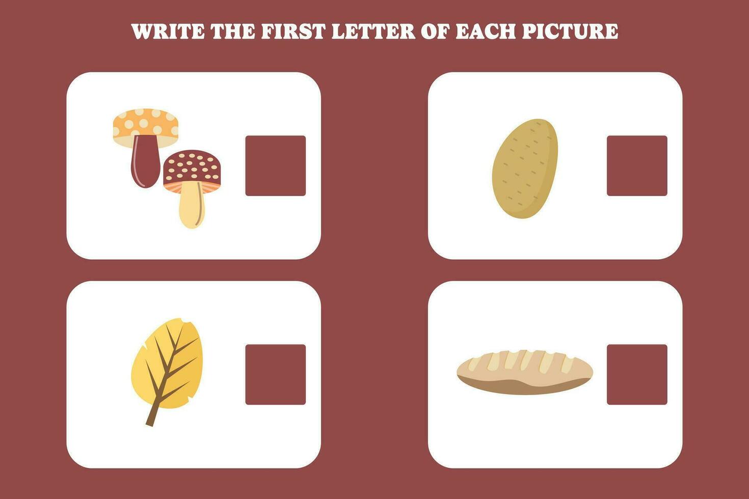 Write the first letter of each picture. Educational game for preschool, kindergarten or elementary kids. vector