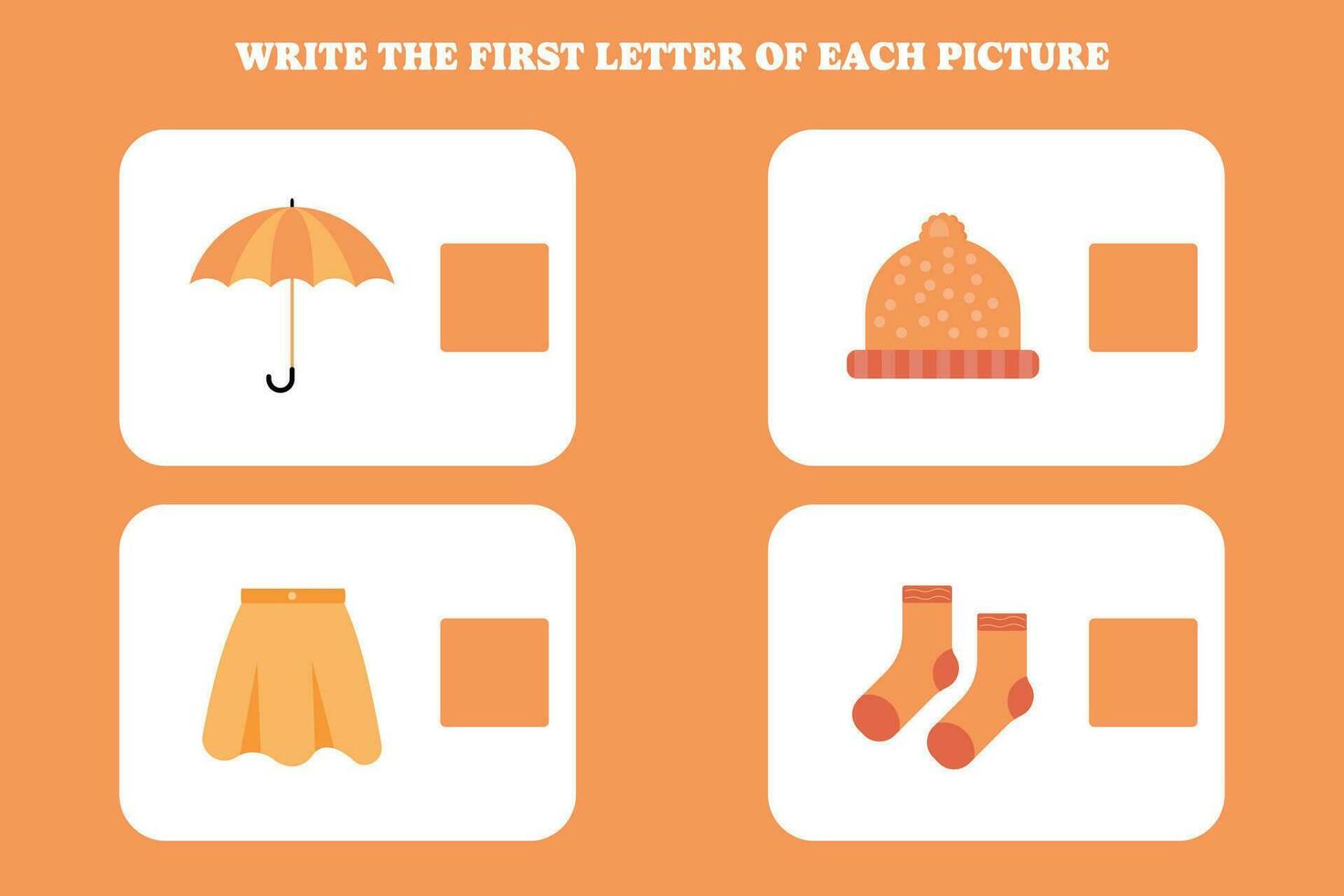 Write the first letter of each picture. Educational game for preschool, kindergarten or elementary kids. vector