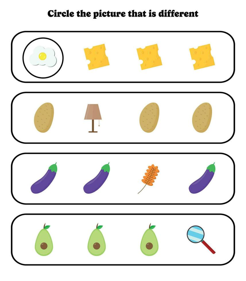 Circle the different picture. Educational game for kids. Brain teaser for preschool, kindergarten and elementary students. vector