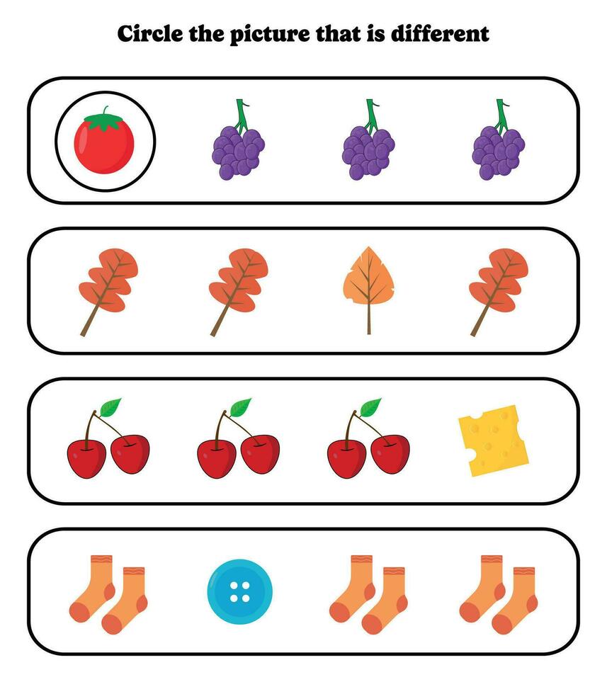 Circle the different picture. Educational game for kids. Brain teaser for preschool, kindergarten and elementary students. vector