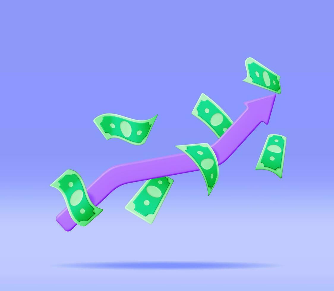 3D Growth Stock Chart Arrow with Dollars. Render Stock Arrow with Money Shows Growth or Success. Financial Item, Business Investment Financial Market Trade. Money and Banking. Vector Illustration