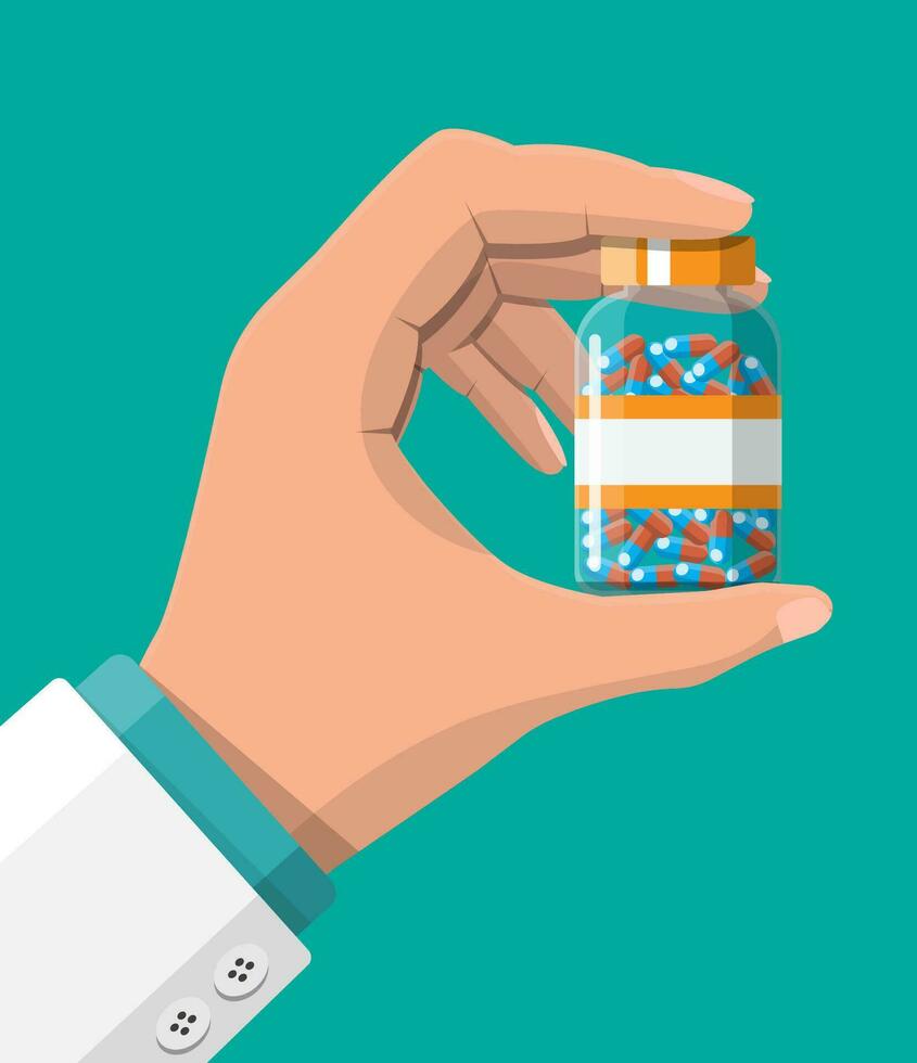 Glass bottle of capsules for illness and pain treatment in hand of doctor. Medical drug, vitamin, antibiotic. Healthcare and pharmacy. Vector illustration in flat style