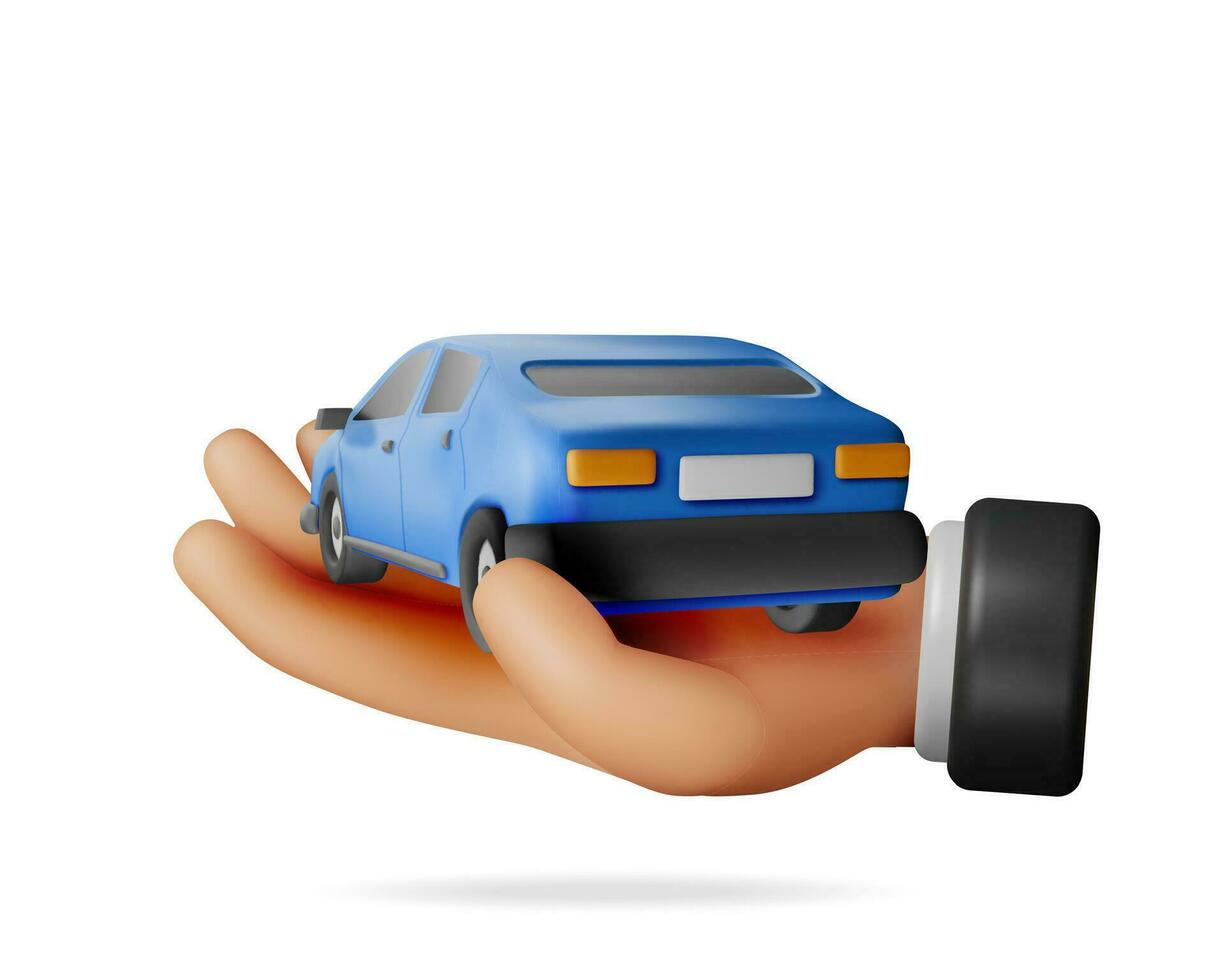 3D Blue Car Vintage Model in Hand. Render Bright Realistic Car. Classic Sedan Motor Vehicle. Plastic Toy Auto. Advertising For Driving School Carsharing and Repair Service. Cartoon Vector Illustration