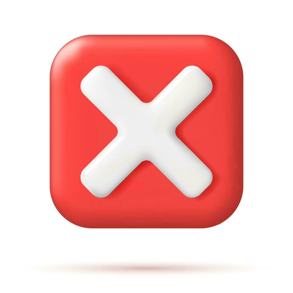 3D Wrong Button in Square Shape. Red No or Incorrect Sign Render. Red Checkmark Tick Represents Rejection. Wrong Choice Concept. Cancel, Error, Stop, Disapprove or Negative Symbol. Vector Illustration