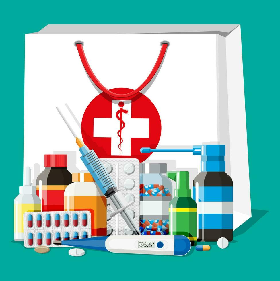Medicine collection in bag. Set of bottles, tablets, pills, capsules and sprays for illness and pain treatment. Medical drug, vitamin, antibiotic. Healthcare and pharmacy. Flat vector illustration
