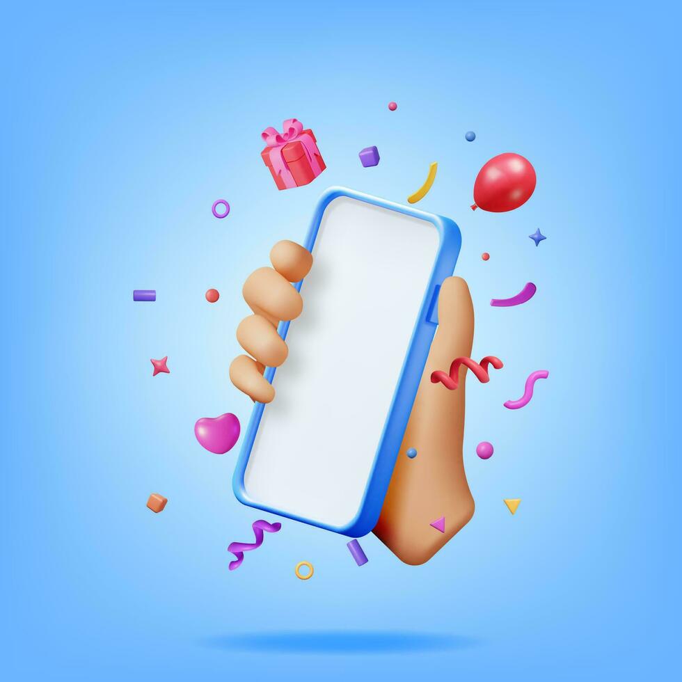 3D Party Confetti on Mobile Phone in Hand. Render Plasticine Confetti on Smartphone. Colorful Firecracker Elements in Various Shapes. Party Holyday Surprise or Birthday Events. Vector Illustration