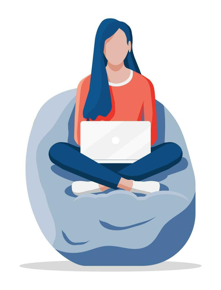 Girl sitting on bean bag chair. Woman work on laptop. Casual female character chilling and browsing social media on notebook. Freelancer work on computer. Cartoon flat vector illustration