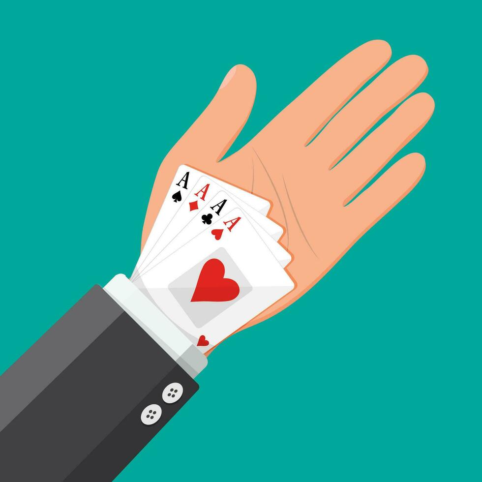 Businessman hides aces playing cards in his sleeve. Ace in the pocket. Concept of backup or plan B, second chance. Cheating at play, luck or business success. Flat vector illustration