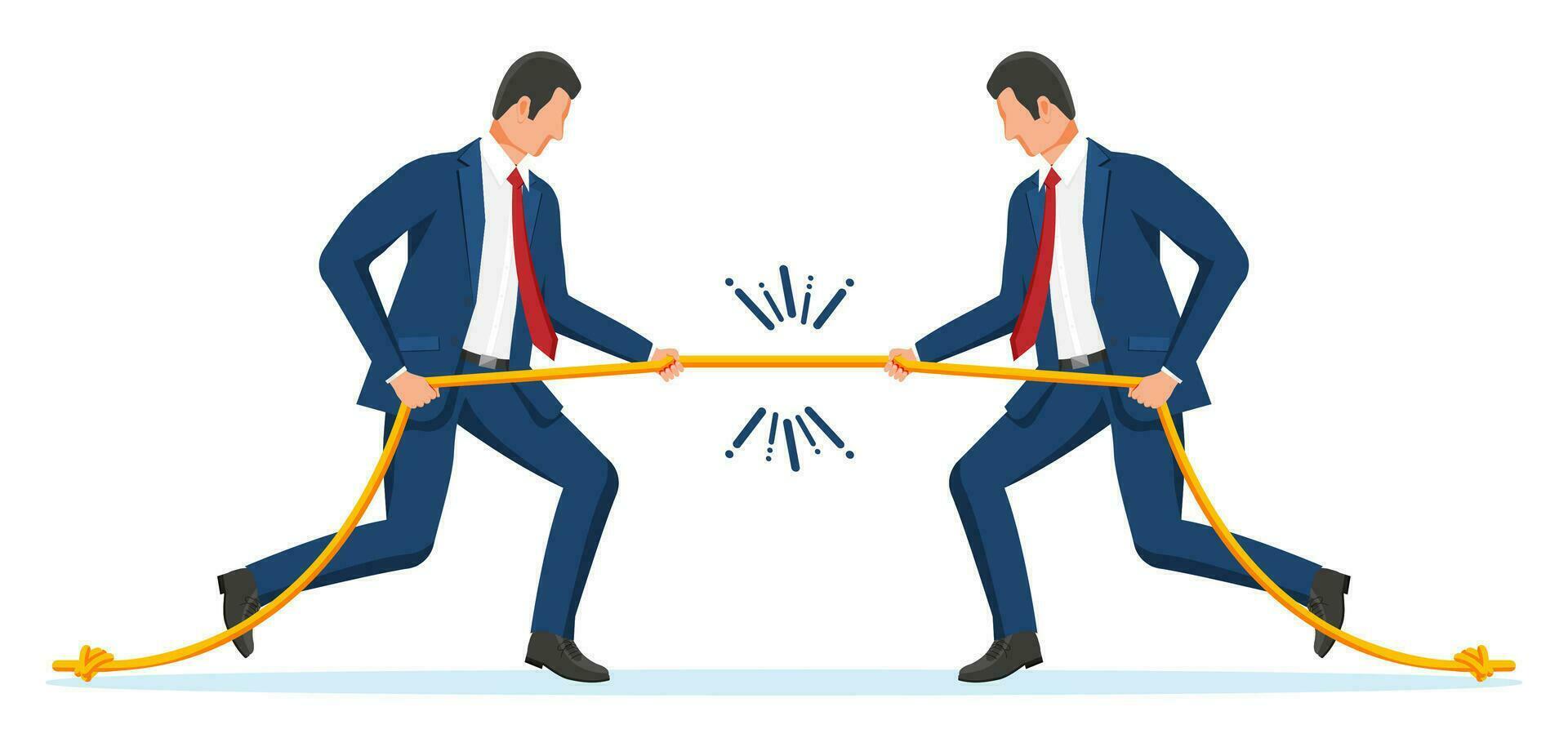 Two Businessman Pull of Rope. Man Tug of War and Look at Each Other. Business Target, Rivalry, Competition, Conflict. Achievement, Goal Success. Flat Vector Illustration