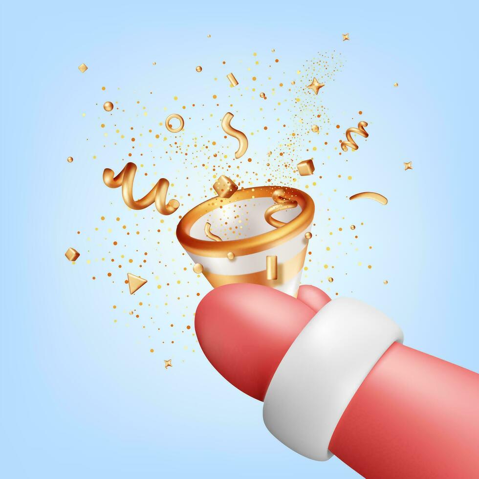 3D Party Popper with Confetti in Santa Claus Hand Isolated. Render Christmas Confetti Collection. Gold Firecracker Elements in Various Shapes. New Yeah and Christmas Events. Vector Illustration