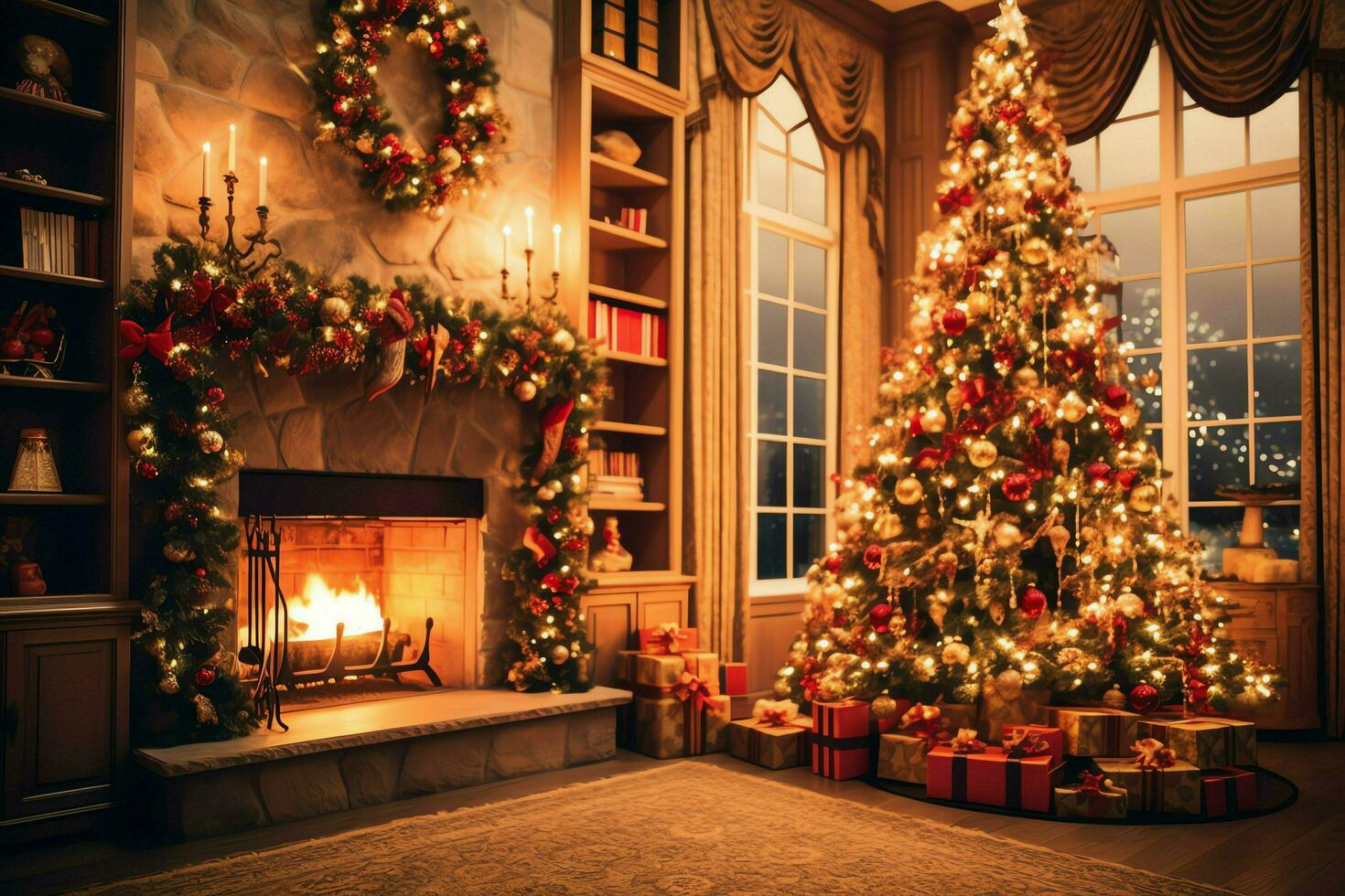 Cosy living room with beautiful christmas tree and red gifts in modern interior. Interior of living room decorated for merry christmas with socks, gift boxes and christmas accessories by AI Generated photo