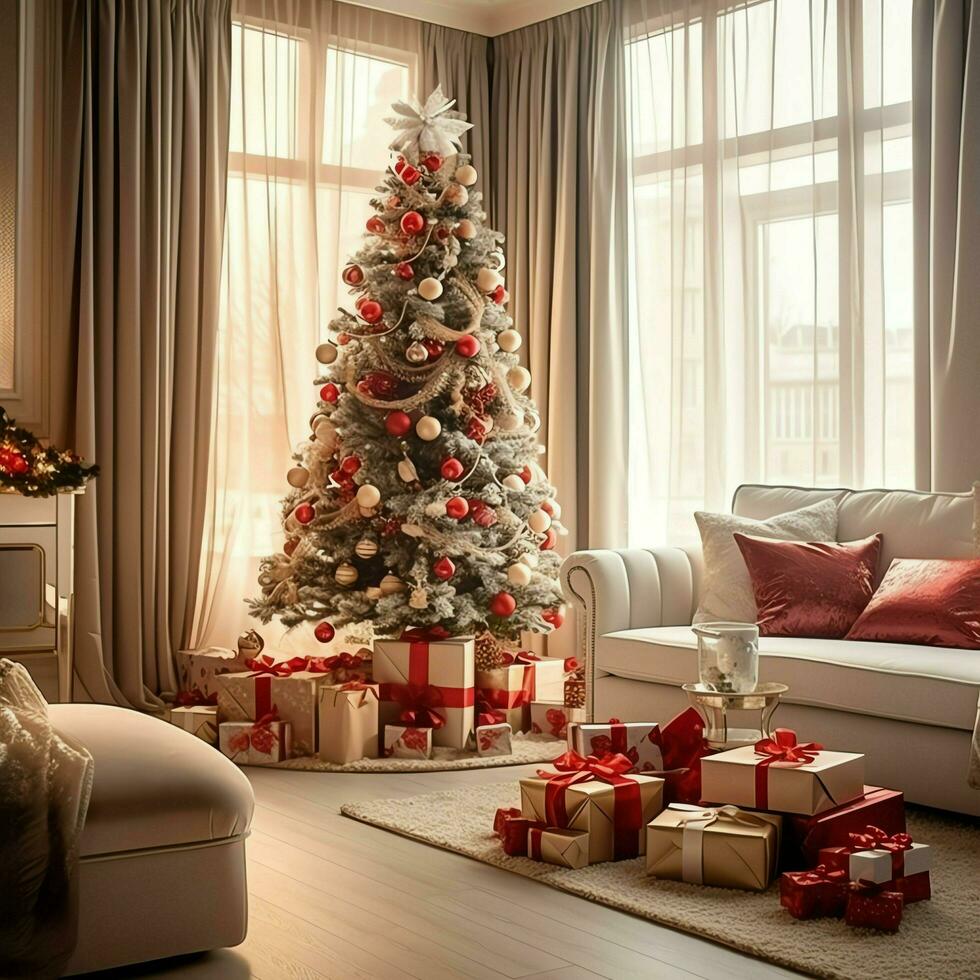 Cosy living room with beautiful christmas tree and red gifts in modern interior. Interior of living room decorated for merry christmas with socks, gift boxes and christmas accessories by AI Generated photo