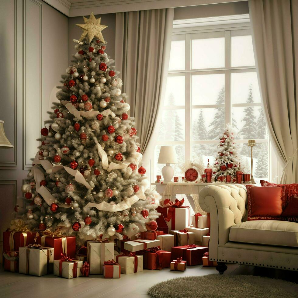 Cosy living room with beautiful christmas tree and red gifts in modern interior. Interior of living room decorated for merry christmas with socks, gift boxes and christmas accessories by AI Generated photo