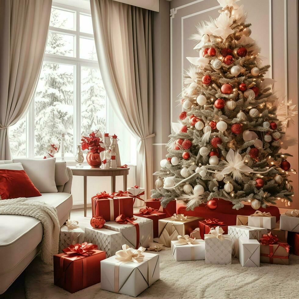 Cosy living room with beautiful christmas tree and red gifts in modern interior. Interior of living room decorated for merry christmas with socks, gift boxes and christmas accessories by AI Generated photo