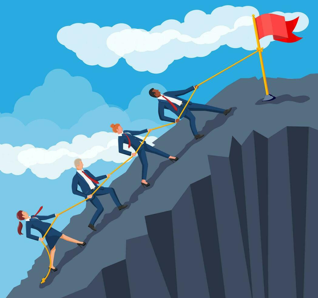 Group of Business People Climbing on Mountain Peak. Symbol of Team Work, Victory, Successful Mission, Goal and Achievement. Trials and Testing. Win, Business Success. Flat Vector Illustration