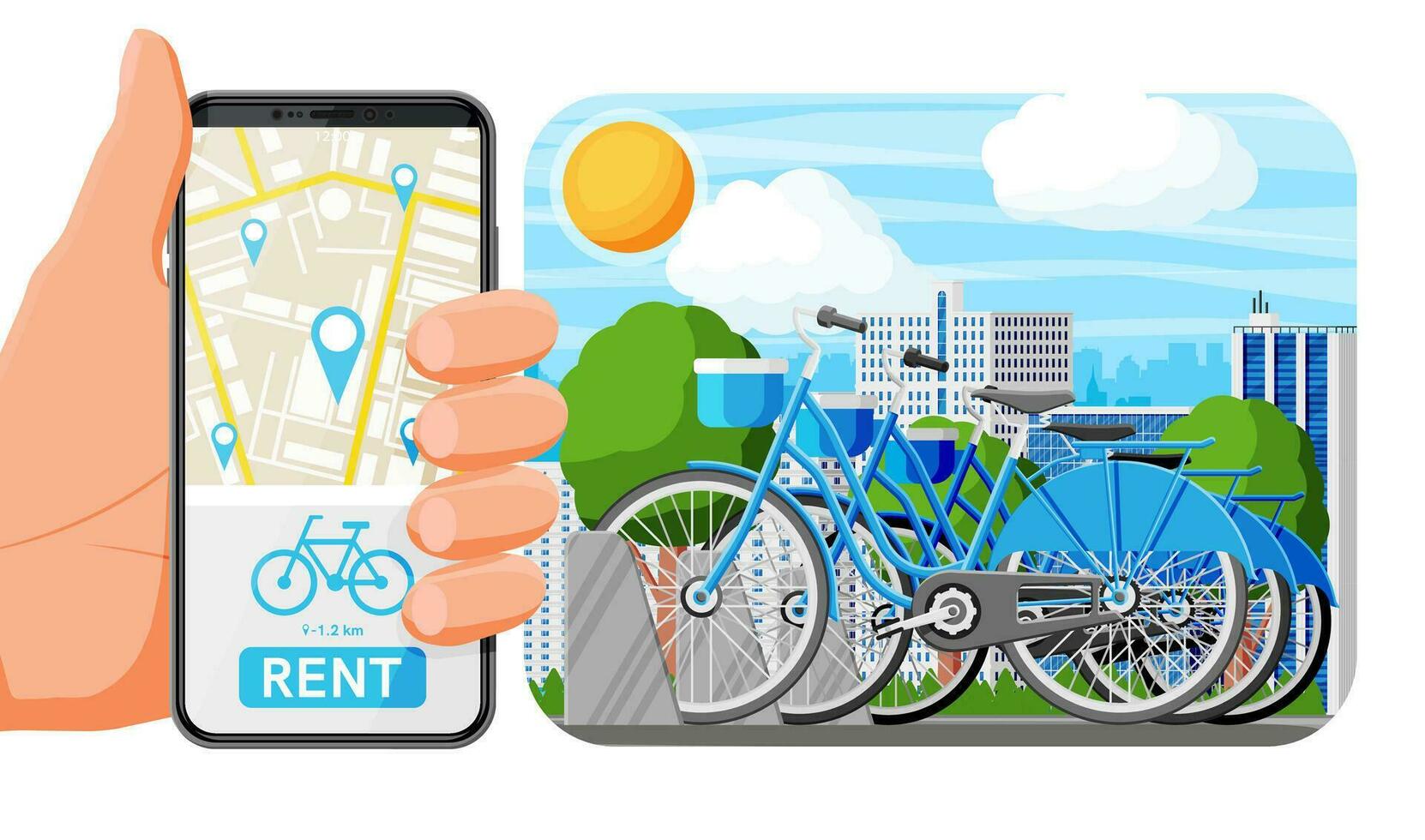 City Bicycle Sharing System and Cityscape. Bike Stand with Rental Bicycles. Bike on Docking Station and Smartphone. Urban Transportation Smart Service. Cartoon Flat Vector Illustration