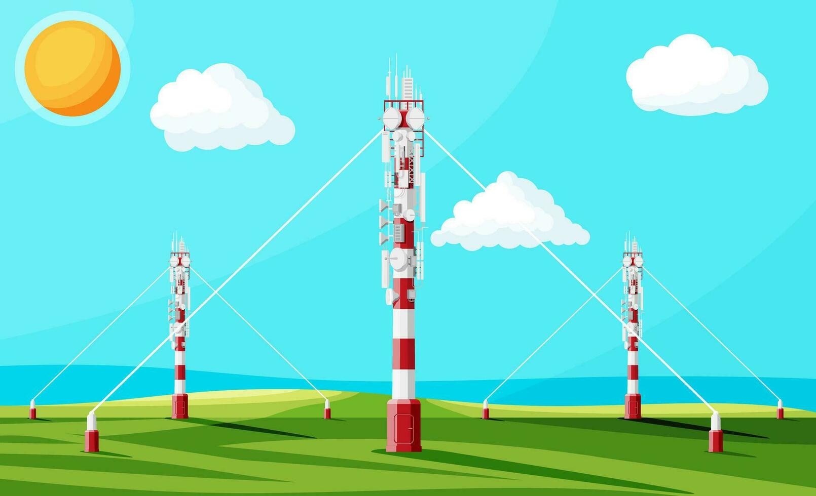 Transmission Cellular Tower Antenna Landscape. Network Broadcast Equipment Isolated. Broadcasting, Internet, Television Cell Station. 4G 5G. Satellite Communication Antenna. Flat Vector Illustration