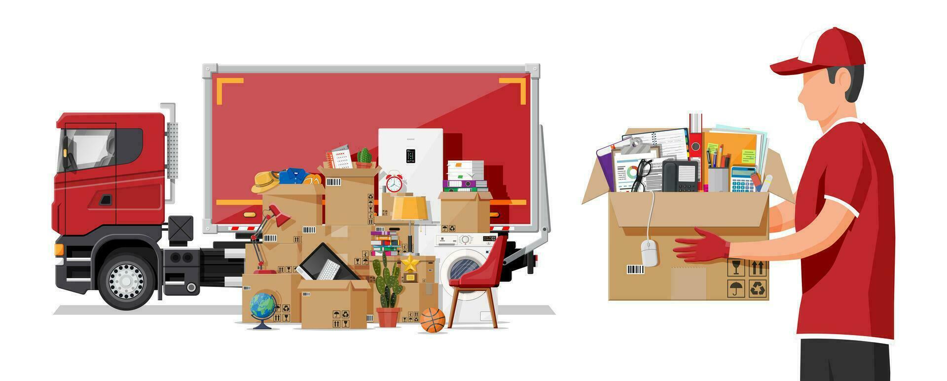 entrega camión lleno de casa elementos. Moviente a nuevo casa. familia reubicado a nuevo hogar. cajas con bienes. paquete transporte. electrónica ropa accesorios mueble. plano vector ilustración