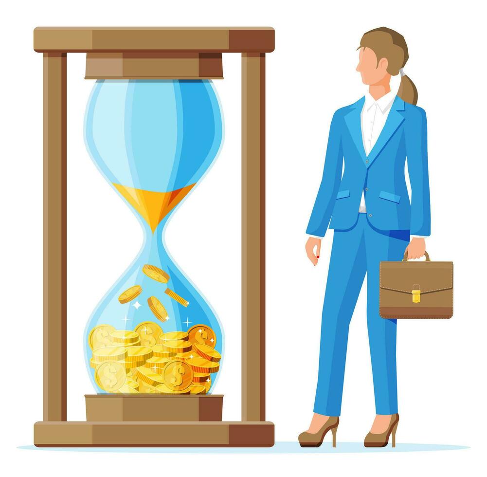 Businesswoman and money in hourglass clock. Return on investment, gold coin increasing chart. Growth, income, savings, investment. Symbol of wealth. Business success. Flat style vector illustration.