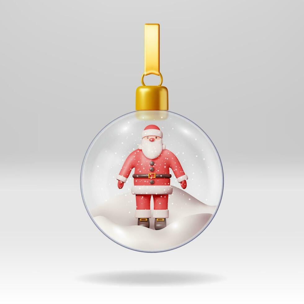 3D Glass Christmas Snow Globe with Santa Claus Isolated. Render Sphere with Santa Claus. New Year Decoration. Merry Christmas Holiday. Xmas Celebration. Realistic Vector Illustration